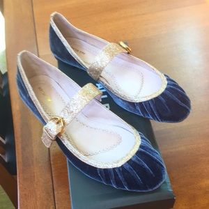 Gray velvet flats with gold glitter straps and trim. Size 8.5. Worn once.